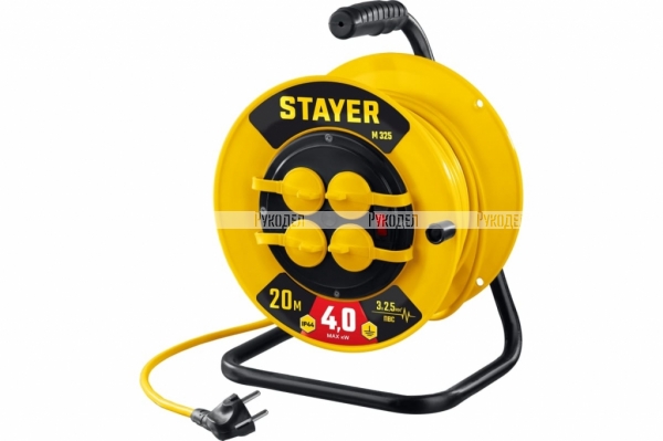 Силовой удлинитель на катушке STAYER ПВС 3x2.5 20м 4000Вт ip44 55064-20