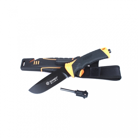 products/G8012-OR Нож "Ganzo" с точилкой и огнивом, дл.клинка 115 мм, сталь 7Cr17 Следопыт, цв. чёрнo-оранжевый, в чехле